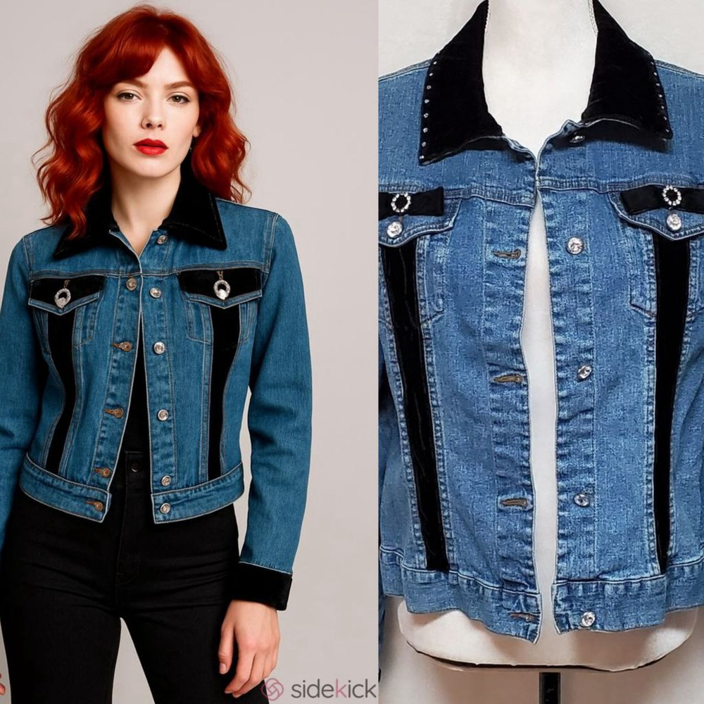 Vintage 1990s Y2K Too She She Black Velvet Bow Crystal Studded Denim Jacket Med